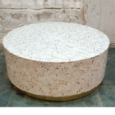 Maaya Bone Inlay Mother of Pearl Drum Round Coffee Table With Brass Base